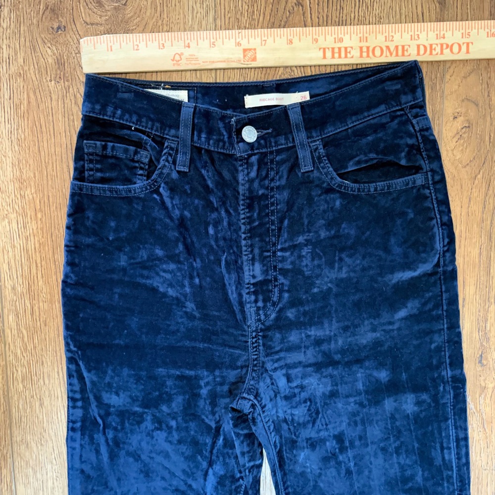 Levis Ribcage Bootcut Navy Blue Velour High Rise Flare Pants Womens 26x30 Boho - Picture 6 of 14